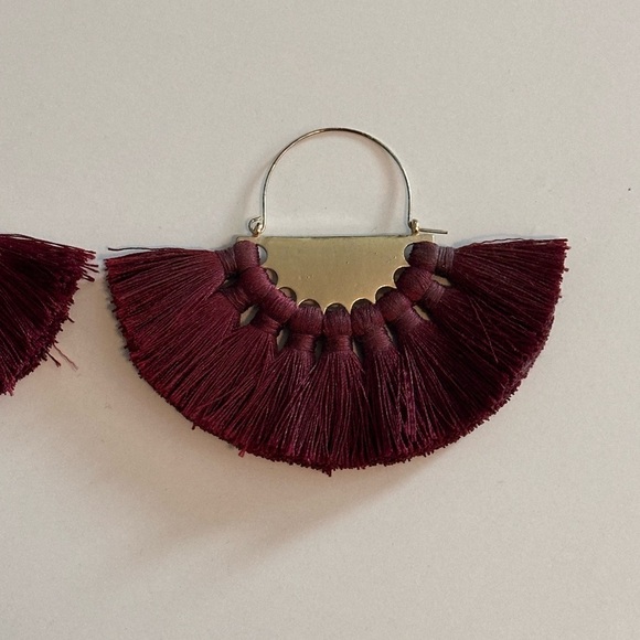 Maroon and Gold Large Tassel Hoop Statement Earrings - Picture 4 of 5